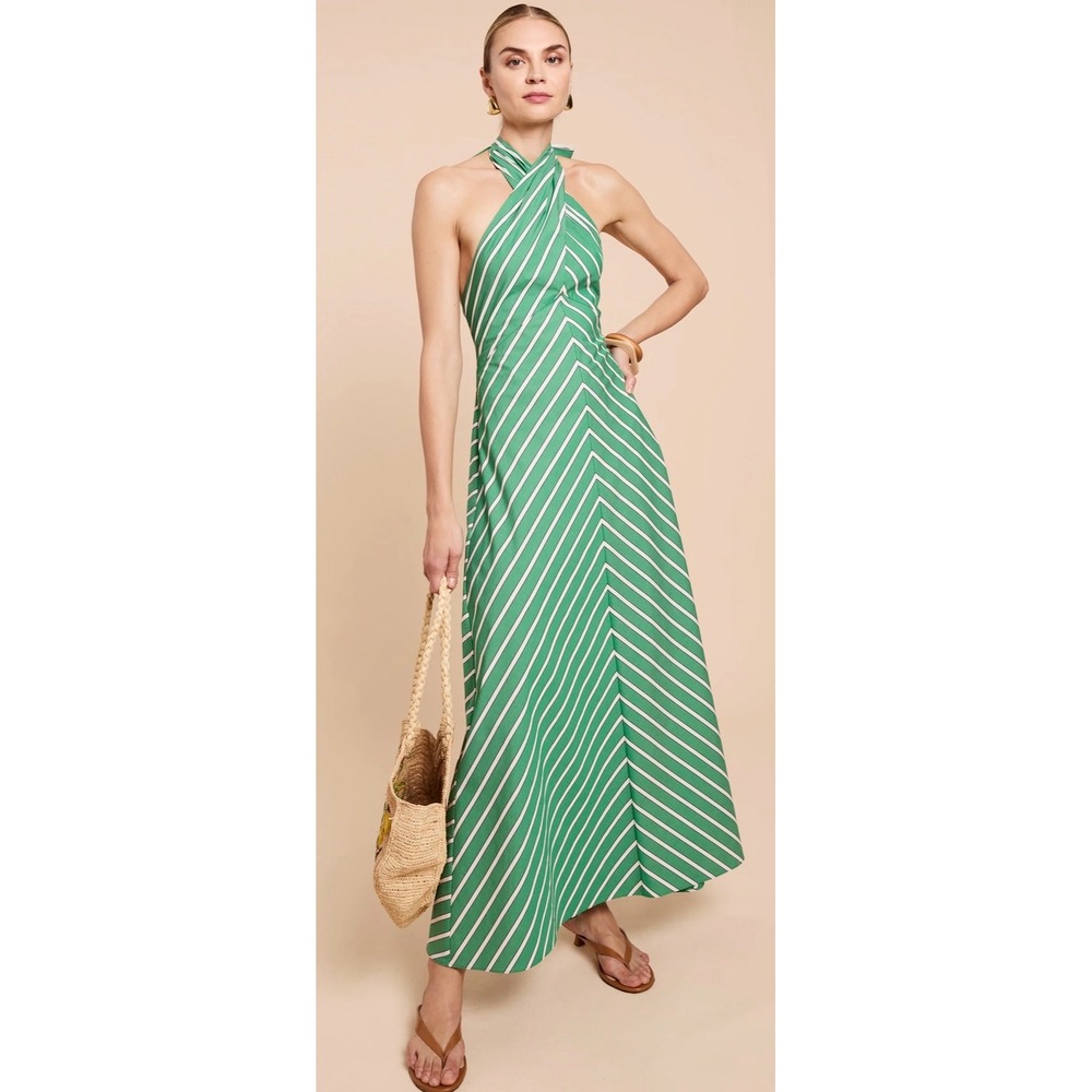 Few Moda o.p.t One Pretty Time Green White Striped Halter Maxi Dress Sz S